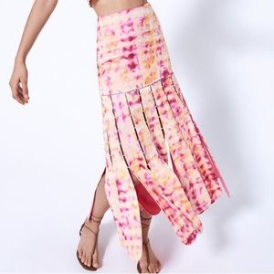 ALEXIS Edita Watercolor tie dye Linen beaded Midi Skirt - Multi orange pink